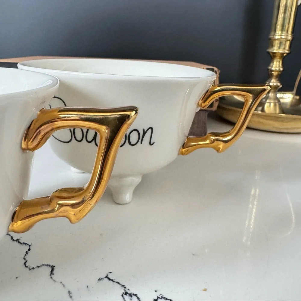 Creative Co-op Stoneware Bourbon + Gin 3 Footed w Gold Handle Tea Cup set of 2 - Picture 5 of 7